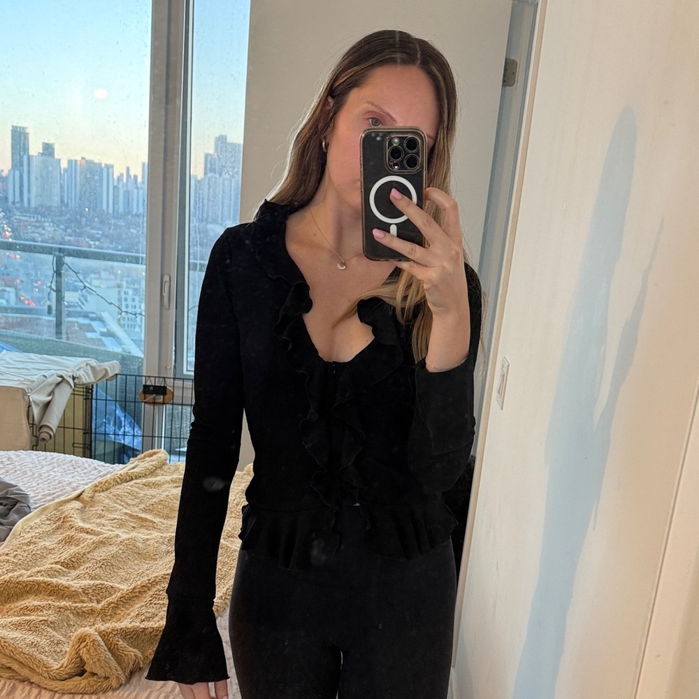 Black Ruffled Long Sleeve Button-Up Top